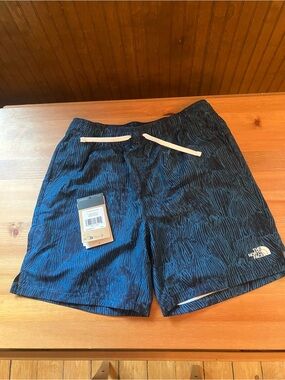 The North Face Men's Navy Blue Patterned Athletic Shorts with White Drawstring